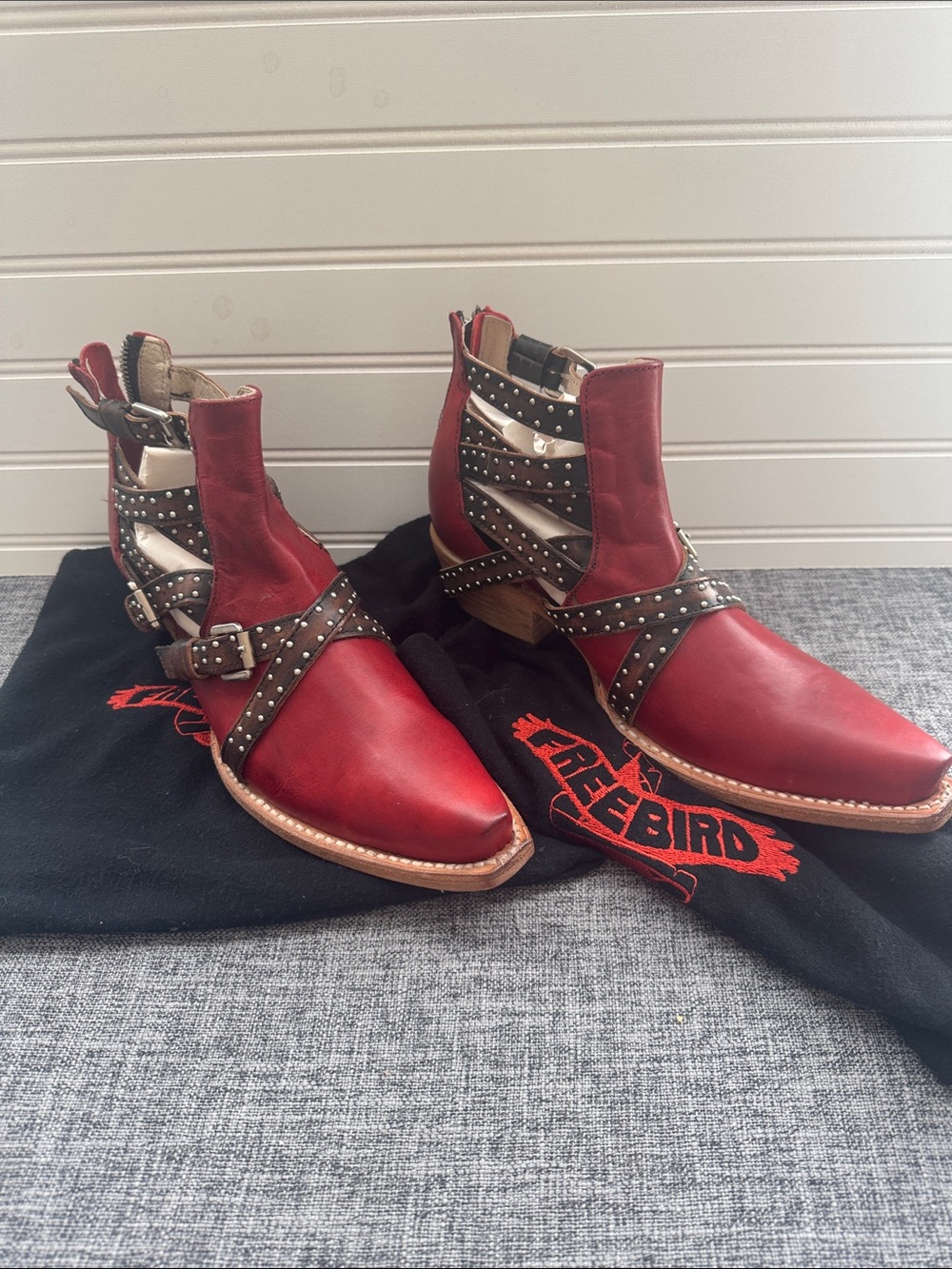 freebird Red Leather Studded Ankle Boots with Brown Straps